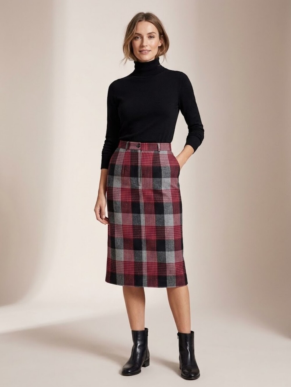 Classic Vintage Burgundy Wine Plaid Maxi Skirt